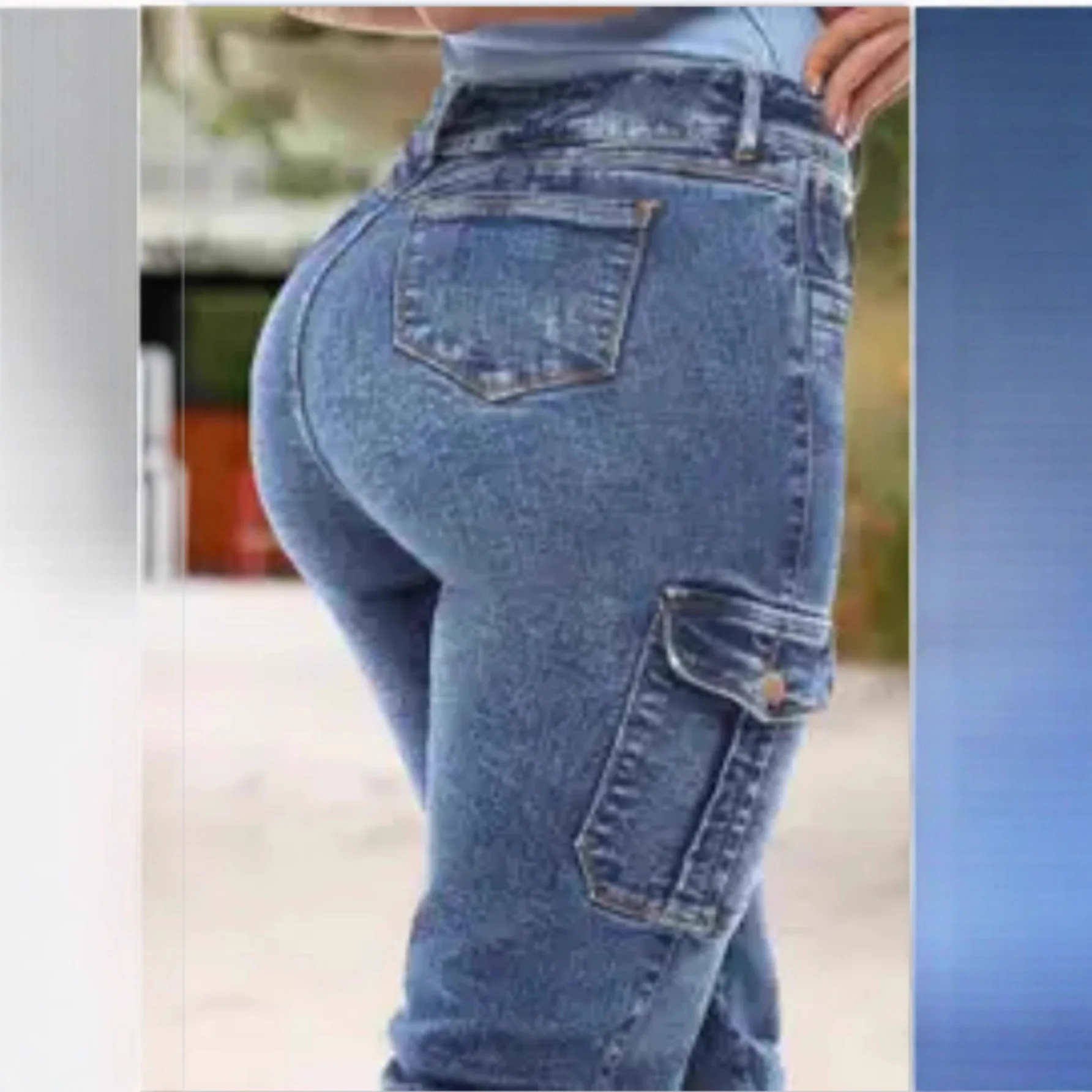 Women Jeans Streetwear Pockets Spliced Pencil Pants Slim Fit Holes Distressed Trousers Casual Denim Pant Pockets Autumn Winter
