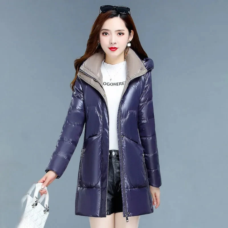 

2022 New Bright Noodle Down Cotton Jacket Female Fashion Medium And Long Light Thin Coat Slim Fit Hooded Keep Warm Women Parka