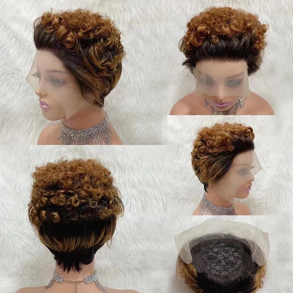 Fantasia pixie corte peruca de cabelo humano curto encaracolado perucas de cabelo humano para as mulheres barato 13x1 rendas frente malásia peruca afro sem cola peruca encaracolado