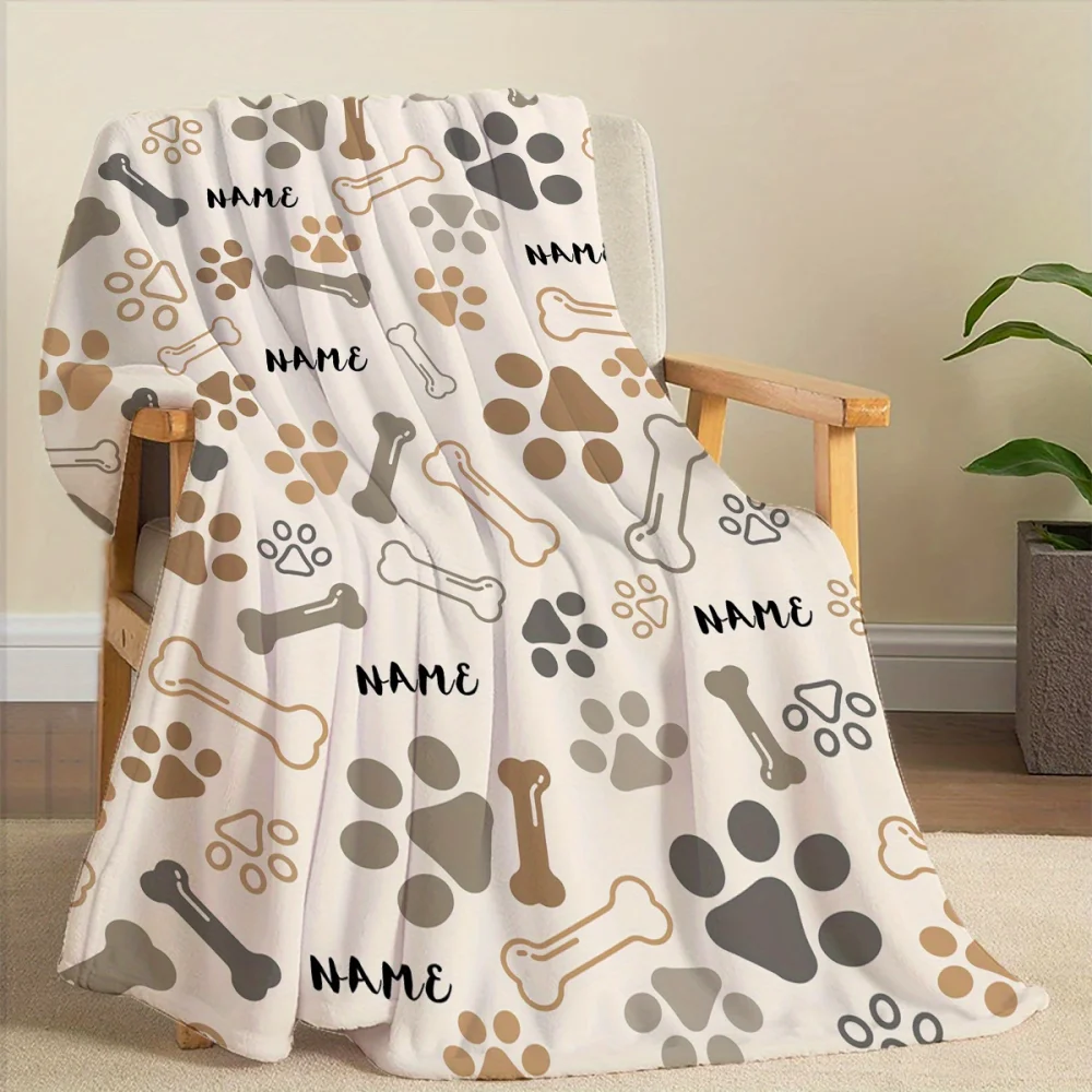 1Pc Cute Dog Bone Paw Print Pattern Blanket, Customizable Name or Text, Soft and Warm, Suitable for Office, Home, Holiday Gifts 3