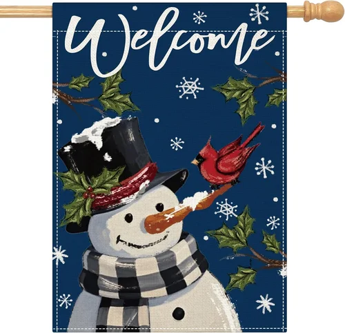 Snowman Snowflake Welcome Christmas House Flag 28X40 Inch Double Sided Outdoor X 7445042637617 AAV hhz