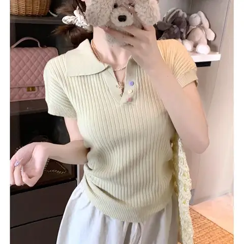 Koreansk stil vintage enkel smal kortärmad t-shirt sommartemperament elegant mode pendling enfärgade toppar damkläder 10 best sales Koreanska kläder - №4