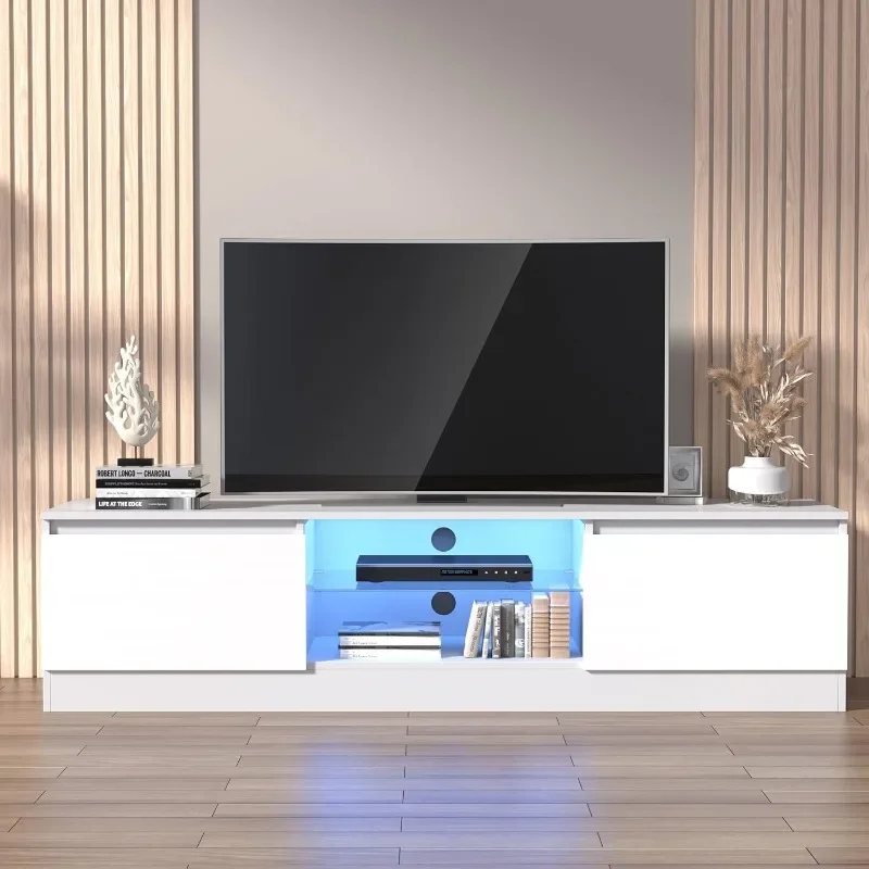 White TV Stand for 65/70 Inch TV, Media Console Tables with High Gloss Modern Style, LED Entertainment Center with Large Storage