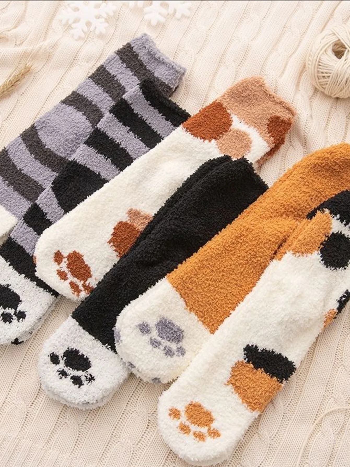 Women Winter Funny Cute Warm Fluffy Socks Soft Cat Paw Footprint Pattern Socks Female Thick Coral Fleece Home Floor Sleep Socks view 6