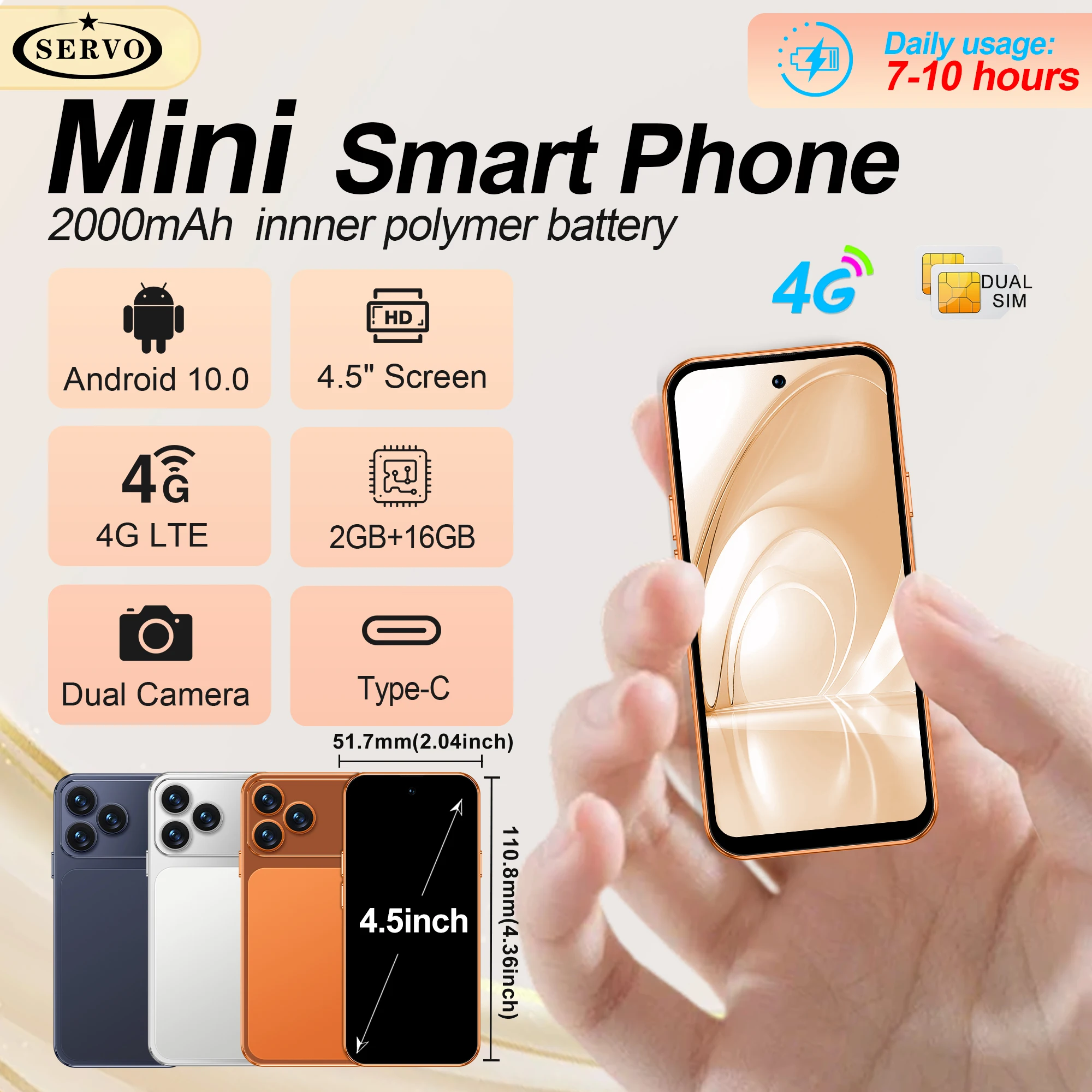 SERVO Android 10.0 Mini Smartphone 4G LTE RAM 2GB+ROM 16GB 4.5