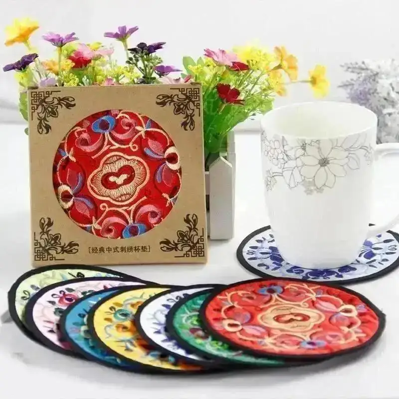 4Pcs Colorful Embroidered Cloth Coasters Random Color Fashion Design Home Desktop Coffee Cup Mat Dining Table Decor Supplies
