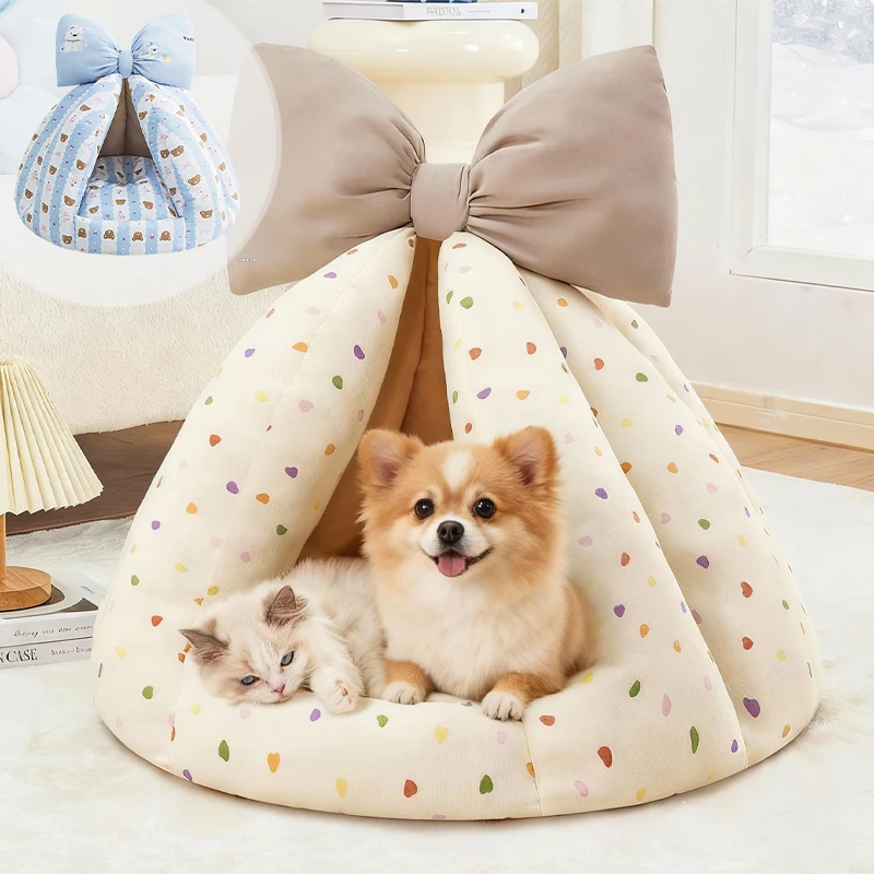 

New Korean-style Foldable Pet Cave Bed Semi-enclosed Cat Nest with Washable Pad Four Seasons Use for Indoor Cats Small Dogs