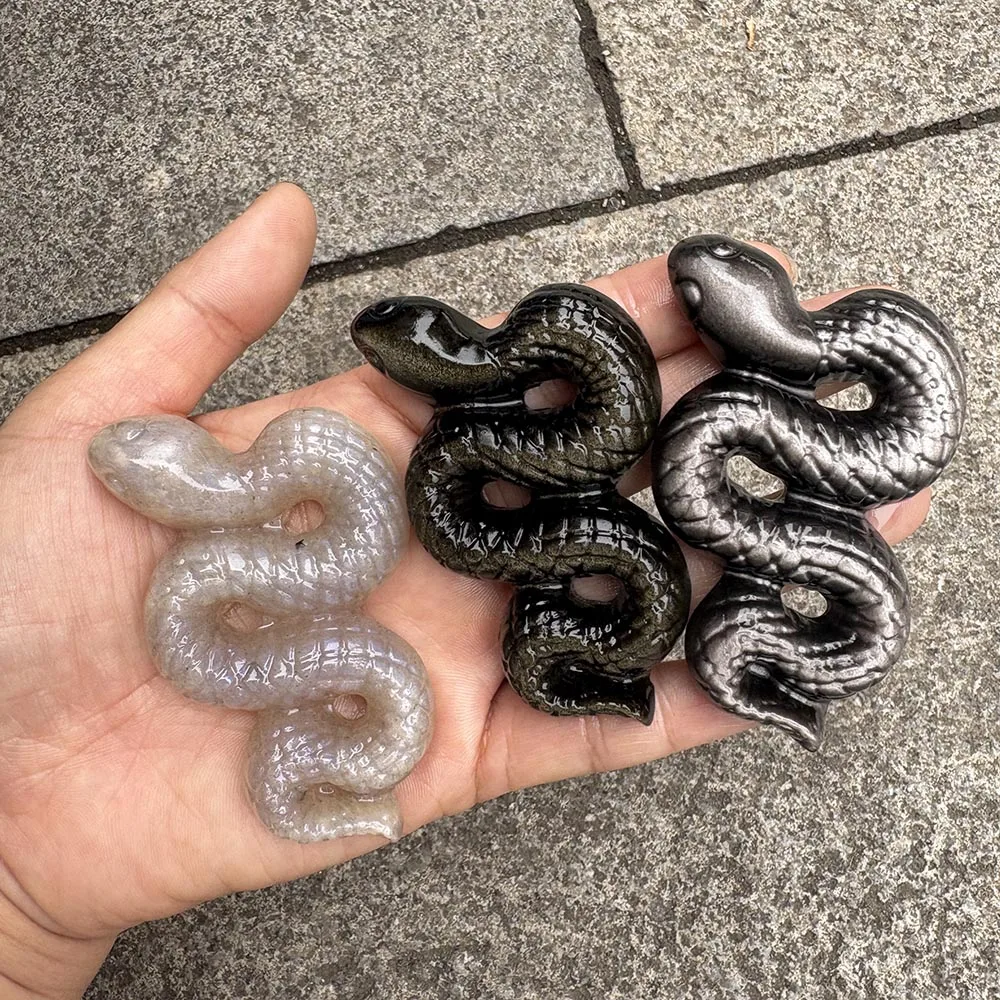 Custom-Natural Obsidian Gemstone Snake Figurine, Crystal Cute Serpent Statue Tabletop Decor for Energy Healing and Protection