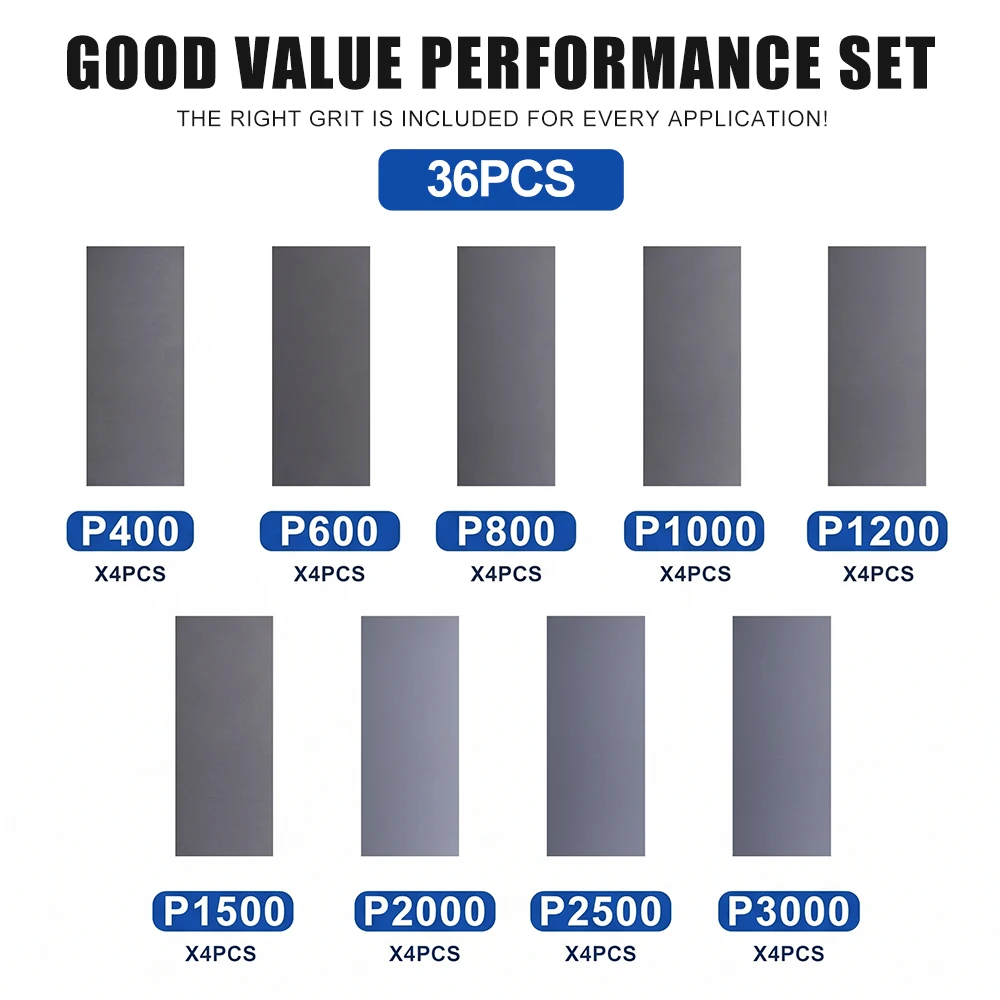 36pcs Sandpaper Set Water/Dry Sanding Paper Abrasive Polishing Tools 400/600/800/1000/1200/1500/2000/2500/3000 Grit
