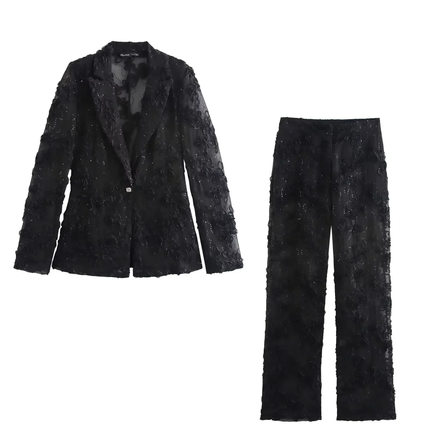 Set di pantaloni con texture con paillettes per donna 2 pezzi 2024 Cappotto blazer traslucido di nuova moda Abito da donna Elegante outfit da donna