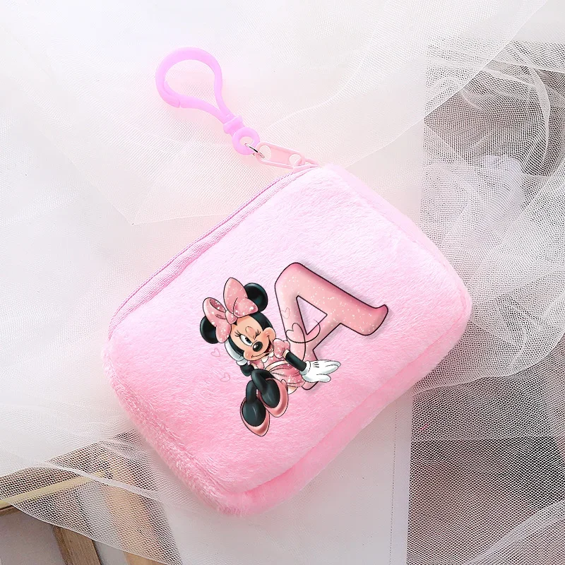 Minnie Mouse Disney Girl Plush Coin Purse Cute Portable Wallet Cartoon Anime Printed Pink Letter ID Card Storage Bag Child Gift