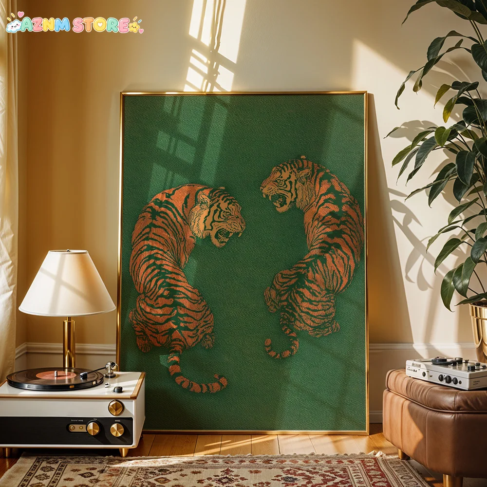2027, Tiger Fight Scene Wall - Horizontal Canvas Suitable for Bedroom & Living Room Decor, Tiger, Ink Canvas for Modern Decor
