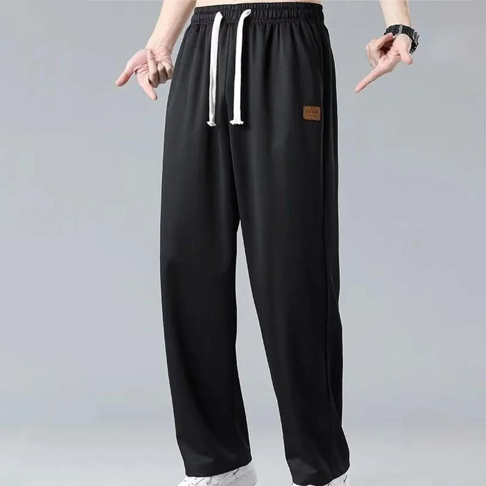 Lente Zomer Heren Oversized Casual Broek Effen Losse Sport Wijde Pijpen Ijs Zijden Broek Mode Nieuwe Mannelijke Trekkoord Elastische Taille