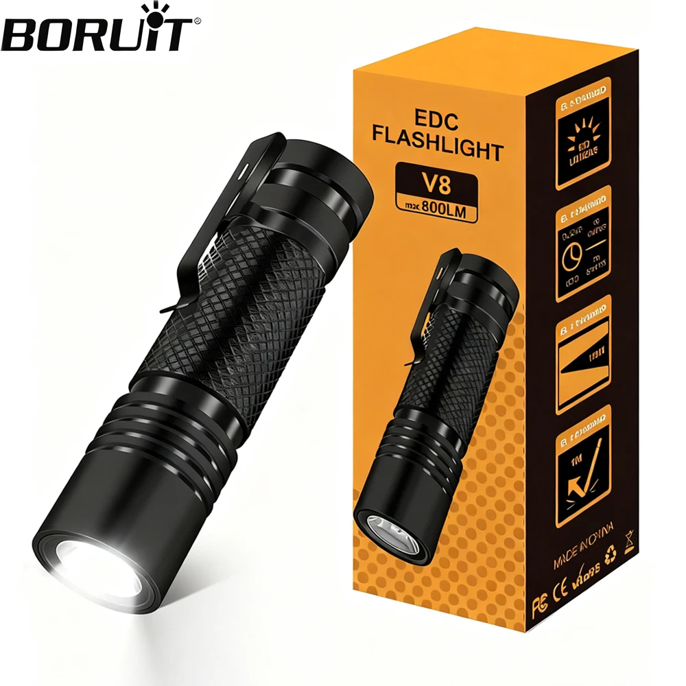 

BORUiT V8 EDC Flashlight 18650 USB C 800LM Rechargeable Powerful Torch 5 Lighting modes 1200mAh Built-in battery Portable Light