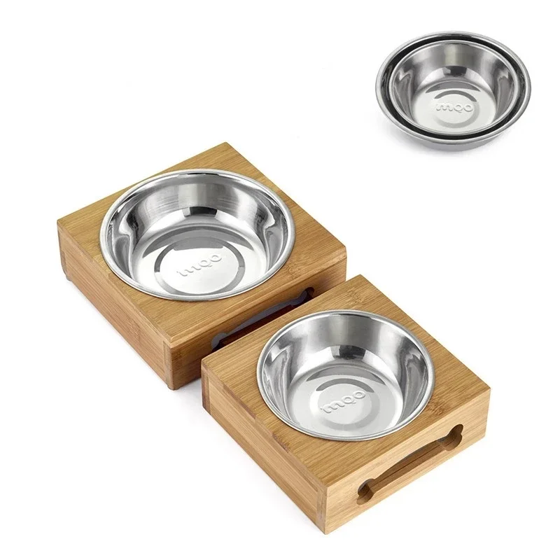 Pet Dog Cat Bowl  Bamboo Wooden Table Into A Kitten Skid Resistant Double Bowl Small Dog Food Bowl