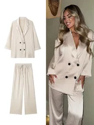 2024 Women Ice Silk Draped Pants Set High Waist Wide Leg Pants+ Solid Beige Long Sleeve Shirt Casual Loose Office Lady