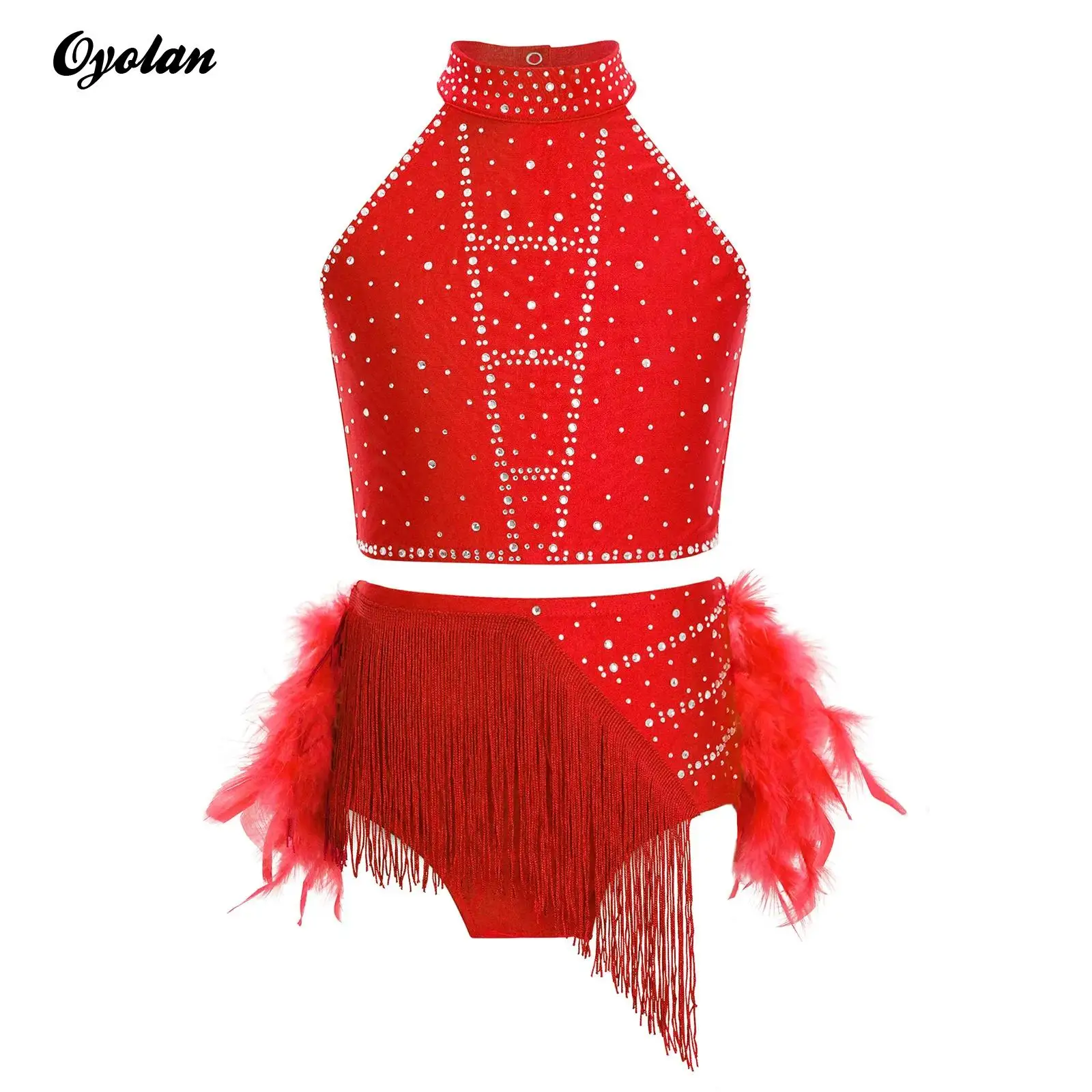 

Kids Girls Ballet Dance Outfit Performance Costume Latin Samba Rumba Cha-Cha Dancewear Crop Top with Tassels FeatheR Skirts