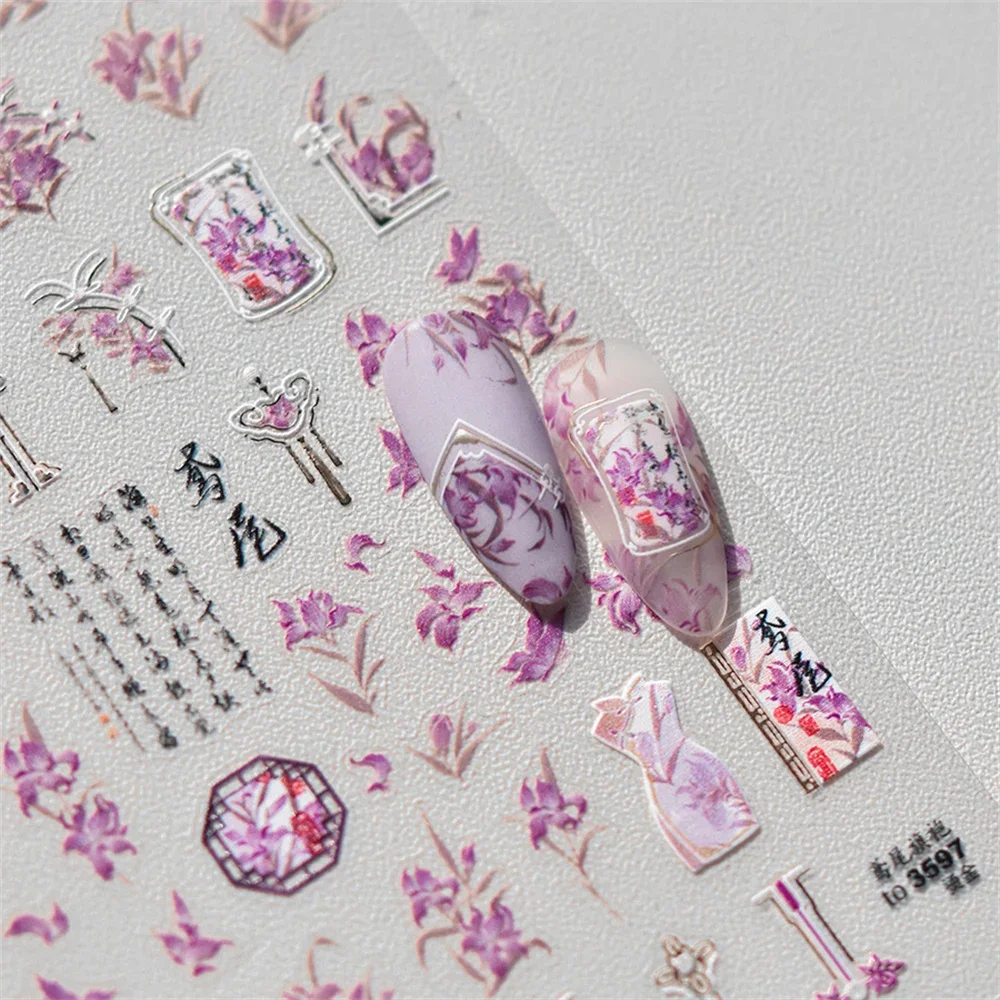 1pcs 5D Bronzing Kawaii Japanese Purple Iris Nail Art Stickers Exquisite Cute Flower Self Adhesive Nail Decoration Slider Decals