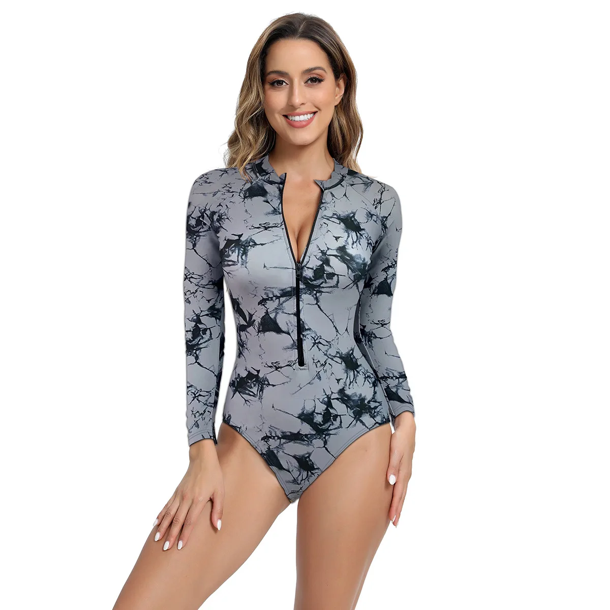 New Floral Printing Swimsuit for Women Front Zipper Padded Bodysuit Swimming Clothes Long Sleeve One-Piece Swimwear Beach Triang