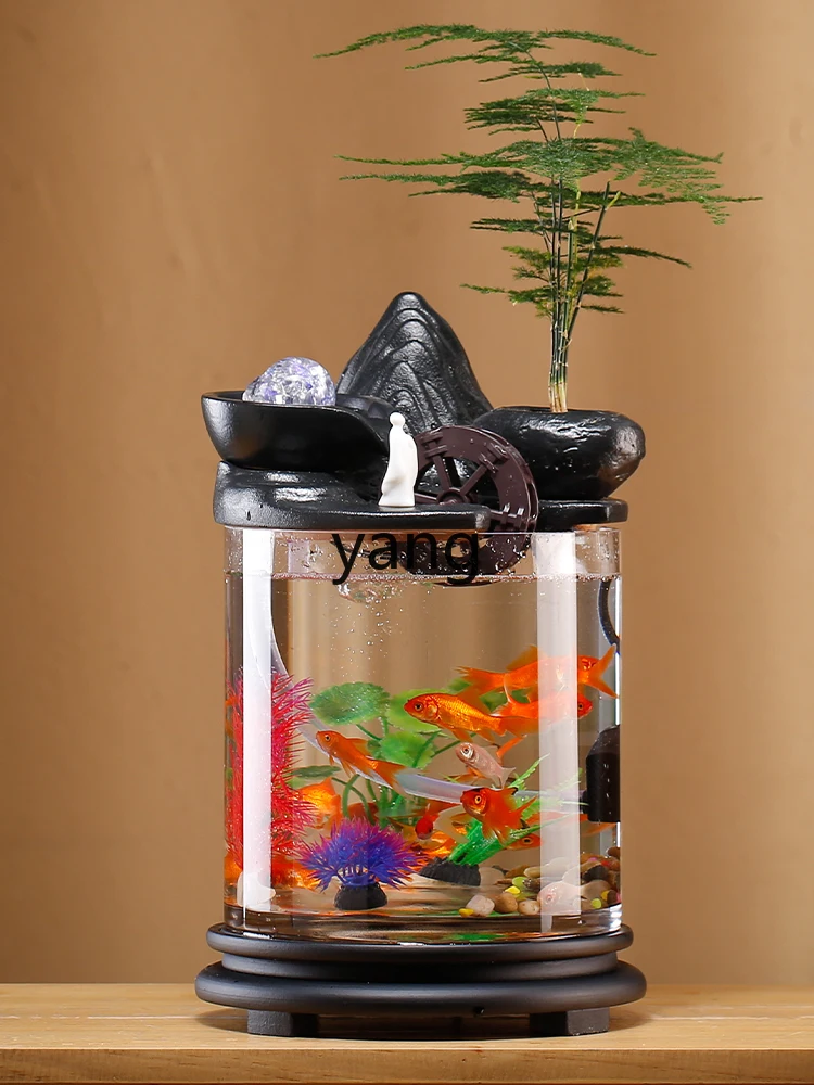 Yjq water circulation, flowing water ornaments, ecological fish tank, attracting wealth, cylindrical glass fish farming aquarium