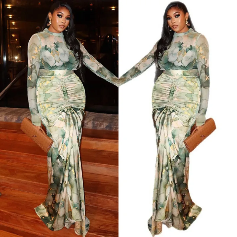 

Women's Fashion 2 Piece Outfit Set Long Sleeve Top And Drawstring Ruched Maxi Skirt Elegant Party Clubwear 2025 Matching Set New