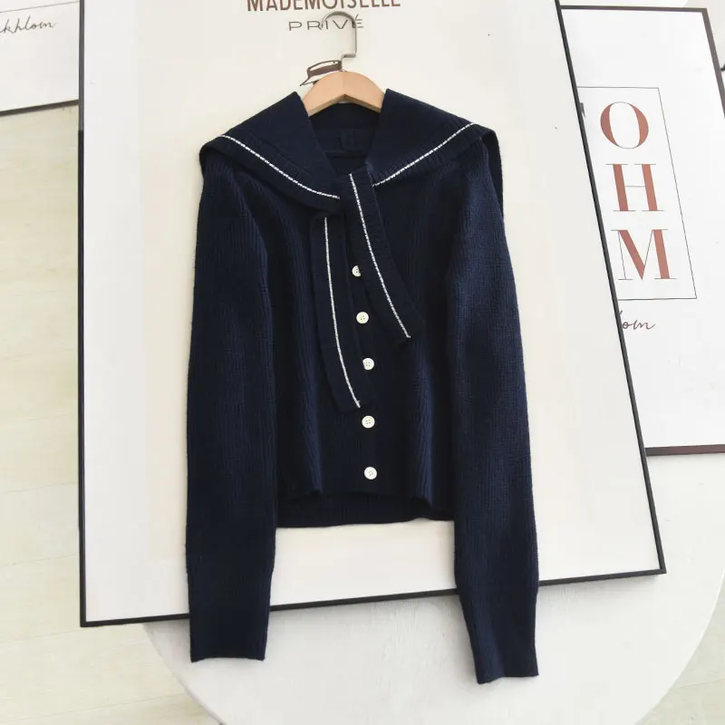 

Съемный вязаный свитер с темно-синим воротником, приталенный крой, универсальный дизайн, для узкого круга аудитории, осень-зима, новинка