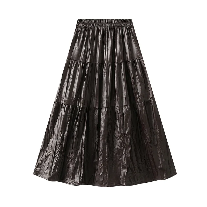 Korean version PU skirt for women with high waist and slimming effect, spliced large swing umbrella skirt, A-line skirt, pleated