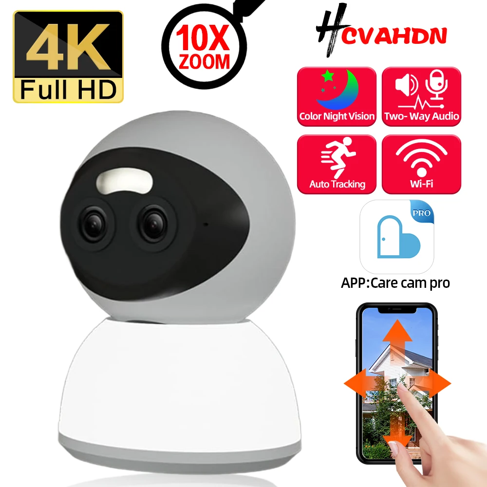 

4K двойной объектив Wi-Fi PTZ камера безопасности автоматическое отслеживание домашний цвет ночного видения CCTV камера видеонаблюдения 10-кратный зум радионяня