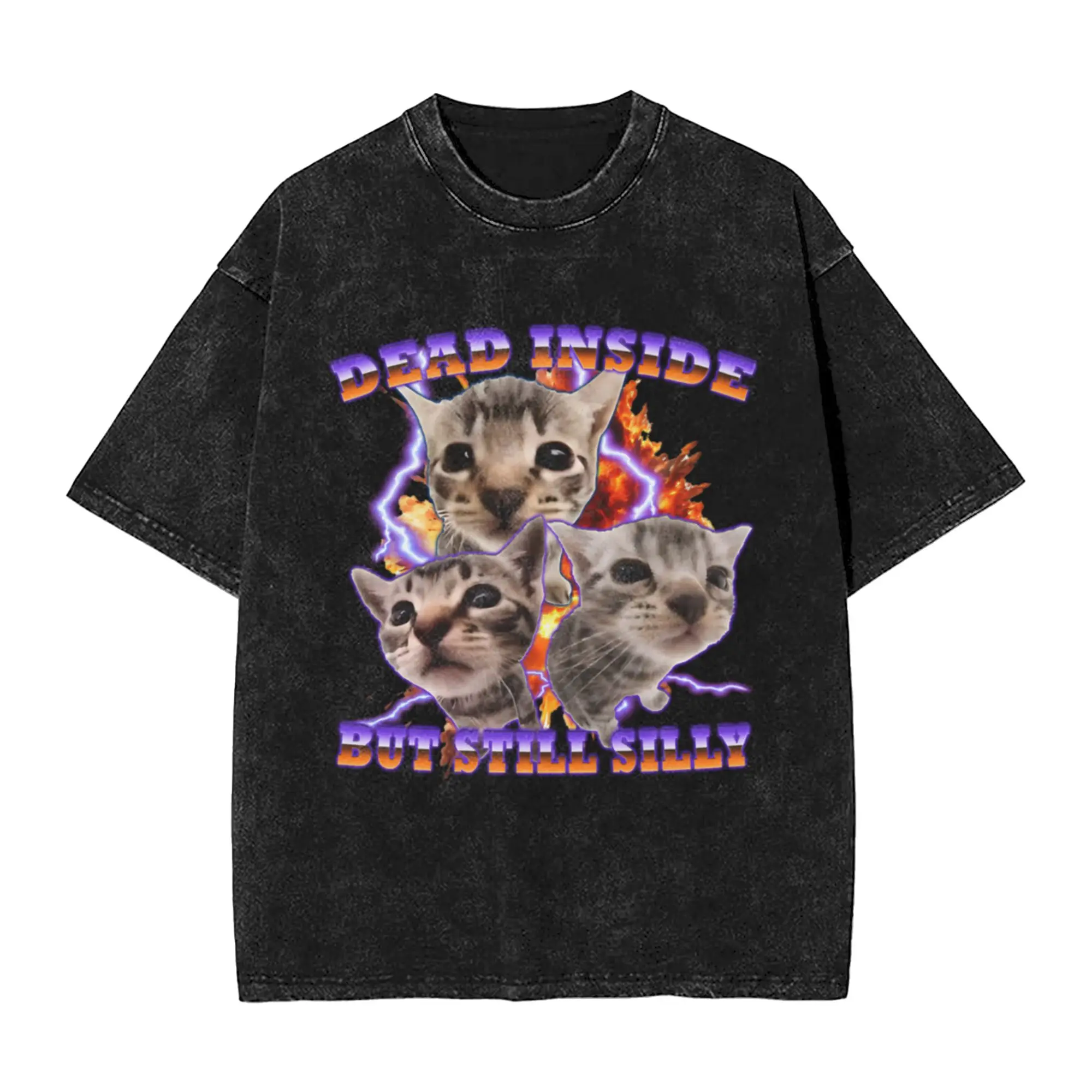 Dead inside but still silly funny cat meme Unique Stylish A Vintage Oversized Cotton Unisex T-Shirts