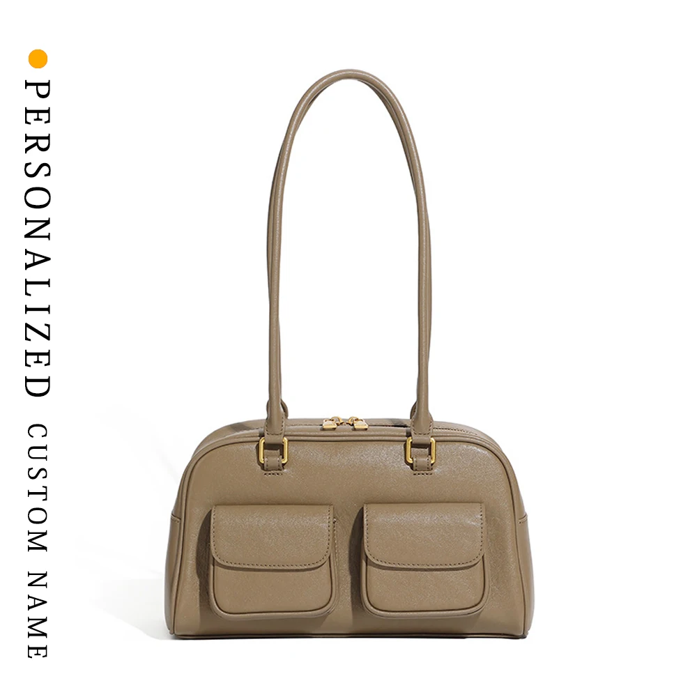 

Niche design cowhide retro underarm bag new bowling bag Boston bag one shoulder women's bag free custom gold hot stamping