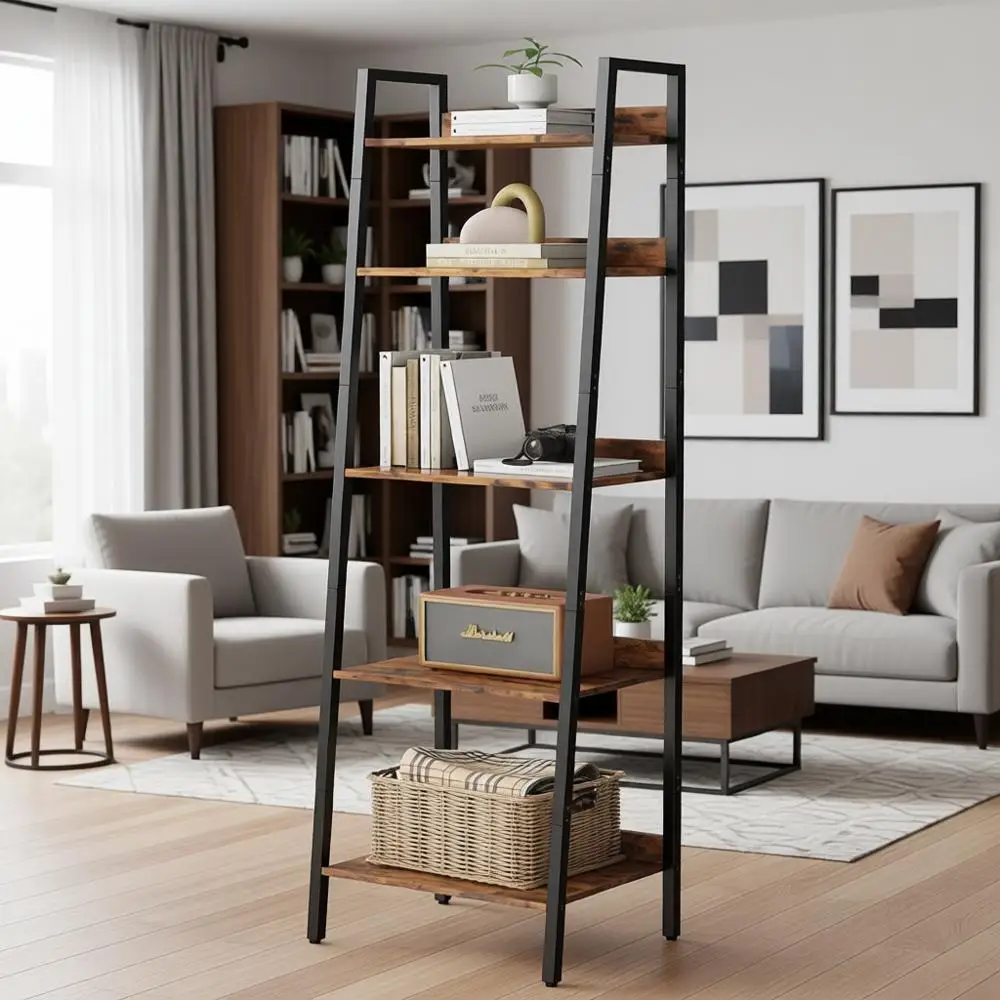 

5-Tier Steel and Wood Industrial Bookshelf, Rustic Brown & Black, for Small Spaces, Living Room, Home Office, Kitchen, Bedroom,