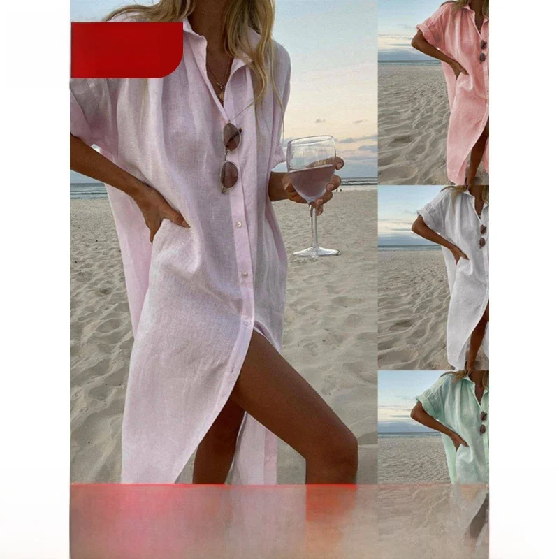 Dames Pure Color Casual Long Sve irt Dr Tee-kwartlengte Button-Up Skater Dr voor Ci Walks en winterkleding