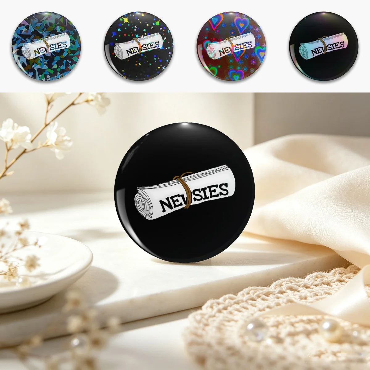 Newsies Pin Holographic Star Heart Pin Brooches Laminated Button Fashion Accessory