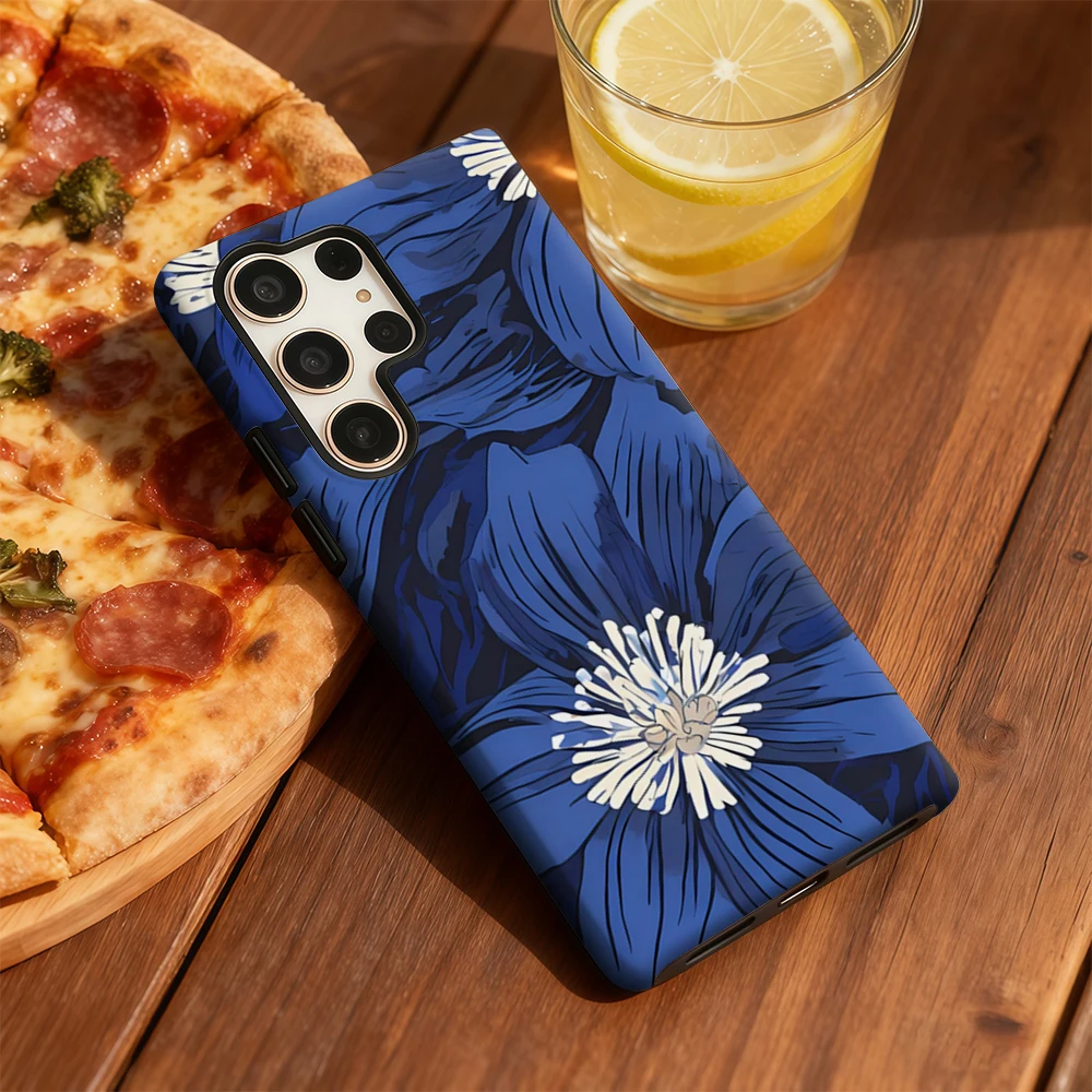 Capa de telefone com pétalas azuis para Samsung Galaxy S25 Ultra S24 S23 Ultra Plus Capa traseira de camada dupla à prova de choque