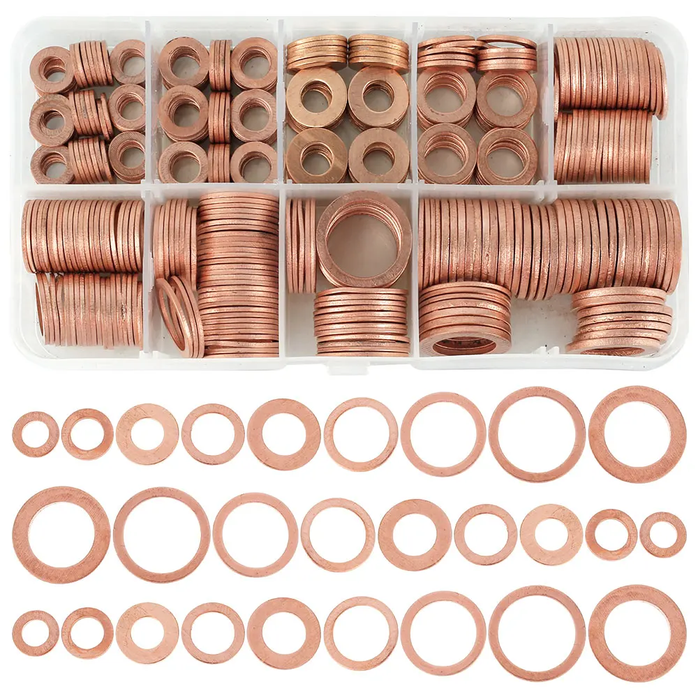 400/300/280/200/150/100Pcs Washer Copper Washer Gasket Nut and Bolt Set Flat Ring Seal Assortment Kit with Box for Sump Plugs