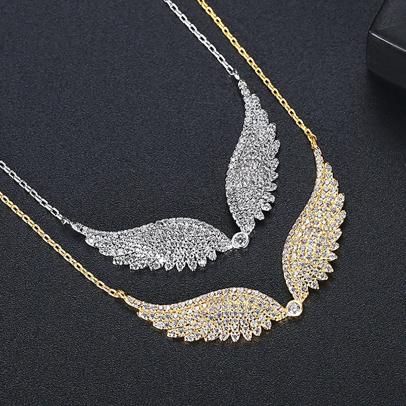 LUOTEEMI Gold Color Angle\'s Wings Fashion Cubic Zirconia Necklace for Women Crystal Sweater Free Shipping Collares Para Mujer