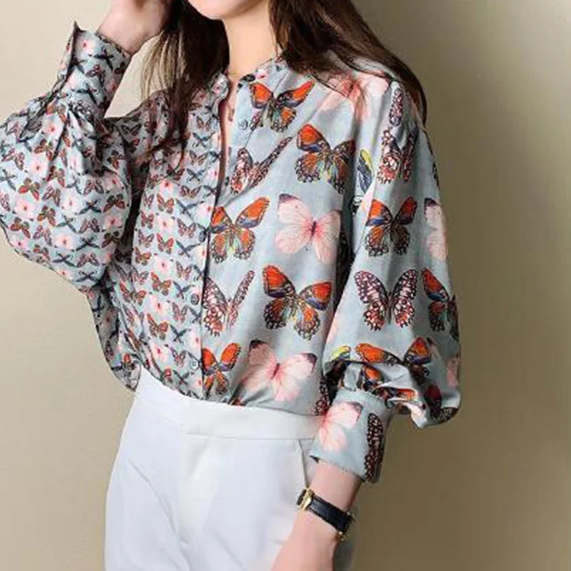 Spring Autumn Female Clothing Butterfly Print Chiffon Lantern Long Sleeved Shirt Korean Stand Collar Patchwork Button Blouses