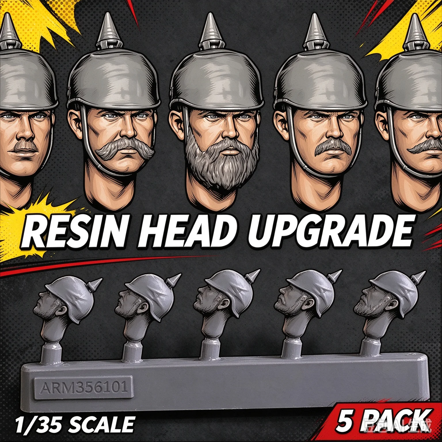 5Pcs 1/35 Scale Unpainted Resin Head Set, Pickelhaube Helmet Head Upgrade Parts for Model Building