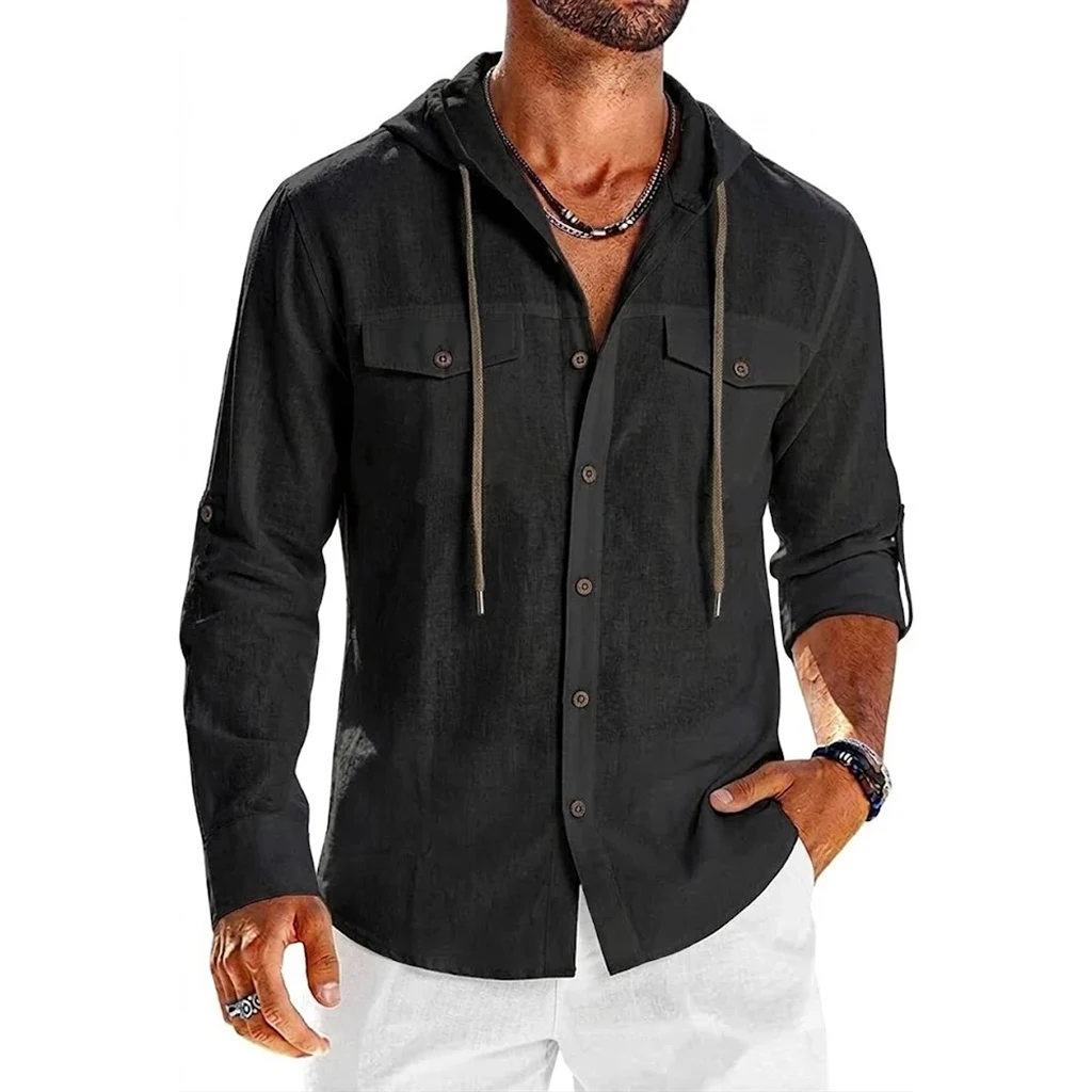 Cotton Linen Shirt for Men Casual Shirts Long Sleeve Henley Beach Shirts Hawaiian T Shirts for Men Lightweight Button Hooded Tee