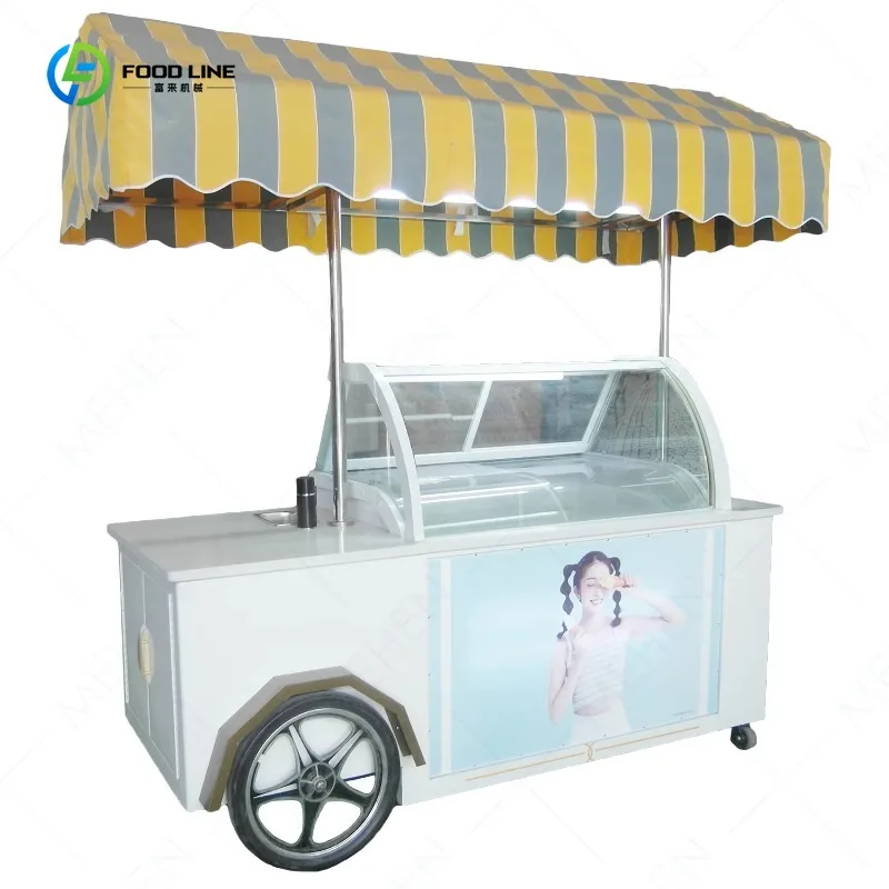 White Ice Cream Push Cart with Wheels Mobile Trolley Snack Freezer Display Vending Street Commercial OEM Customized