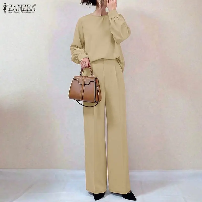 

Модные женские брючные костюмы 2026 ZANZEA: повседневные комплекты из 2 предметов с топом с круглым вырезом и длинным рукавом, брюками, однотонные, для офиса, спортивные костюмы
