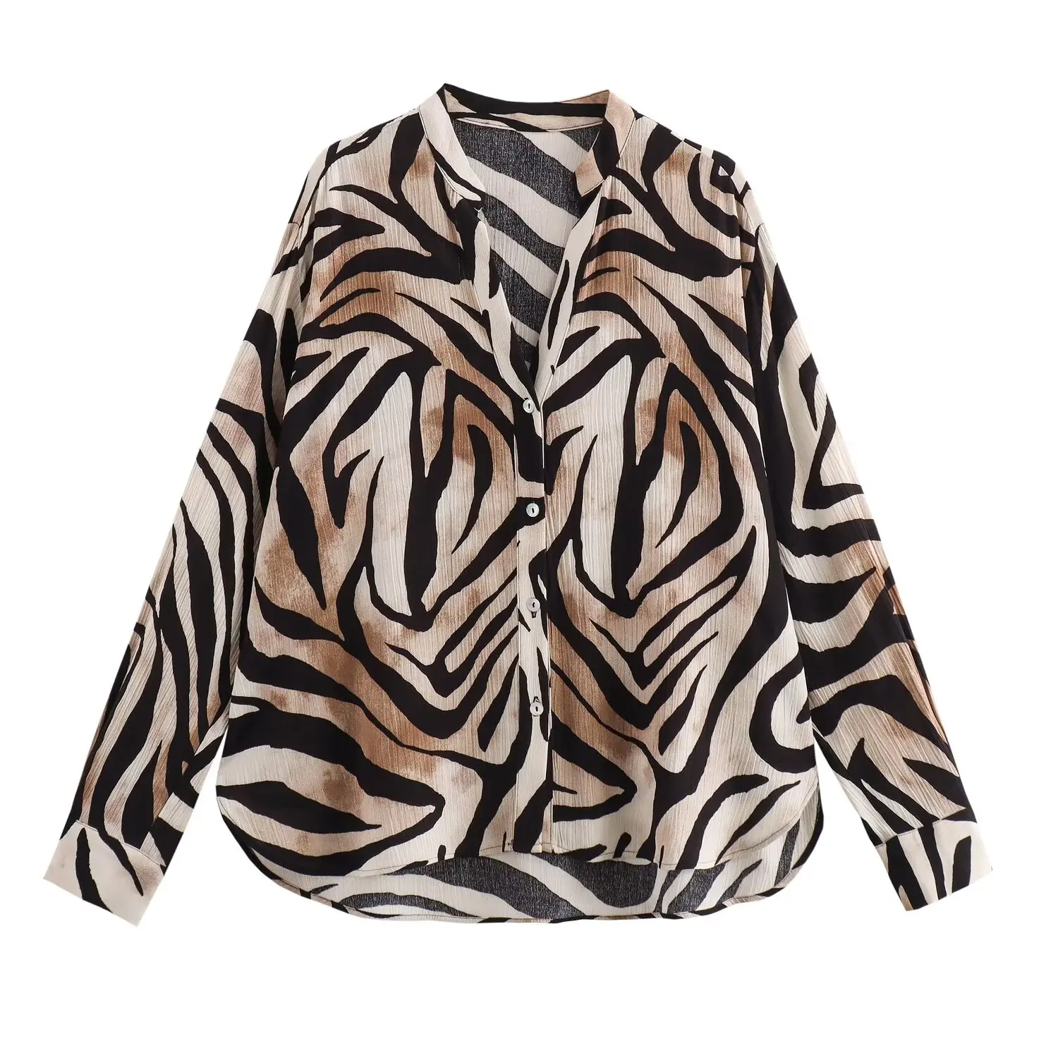 

TRAFZA Women's New Fashion Retro Animal Print Lapel Long Sleeve Shirt Female Chic Elegant Single Breasted High Street Casual Top