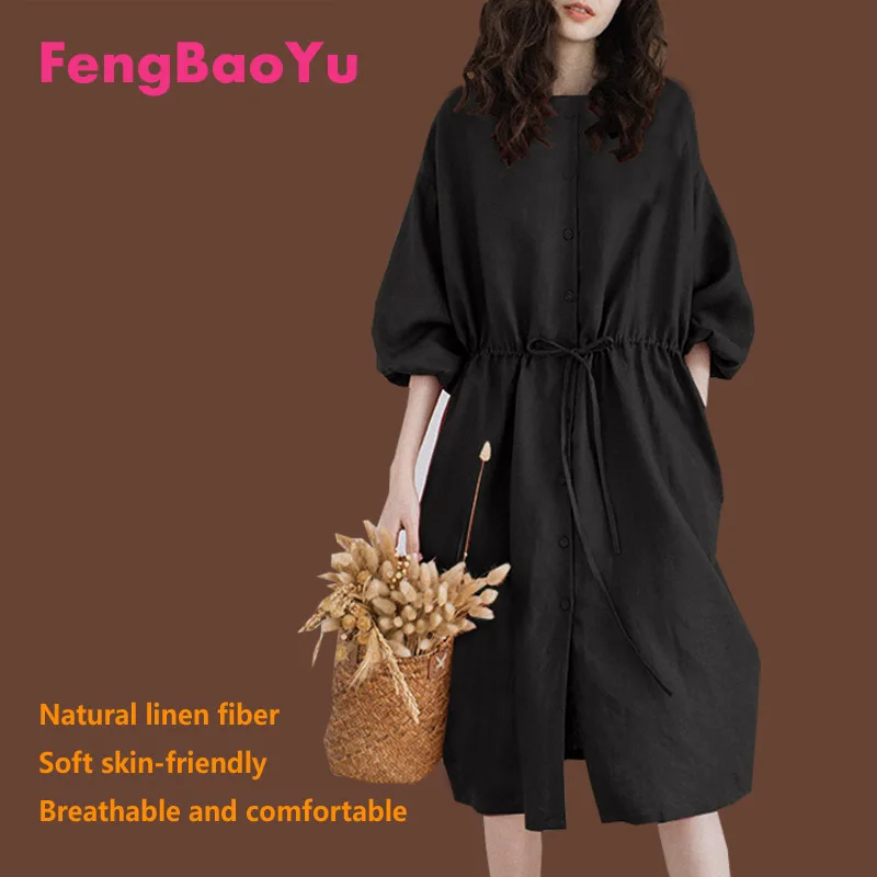 

Fengbaoyu Linen Summer Lady's Five-cent Lantern Sleeve Round Collar Dress Medium-long Cotton Linen Loose Robe Fat Girl's Clothes