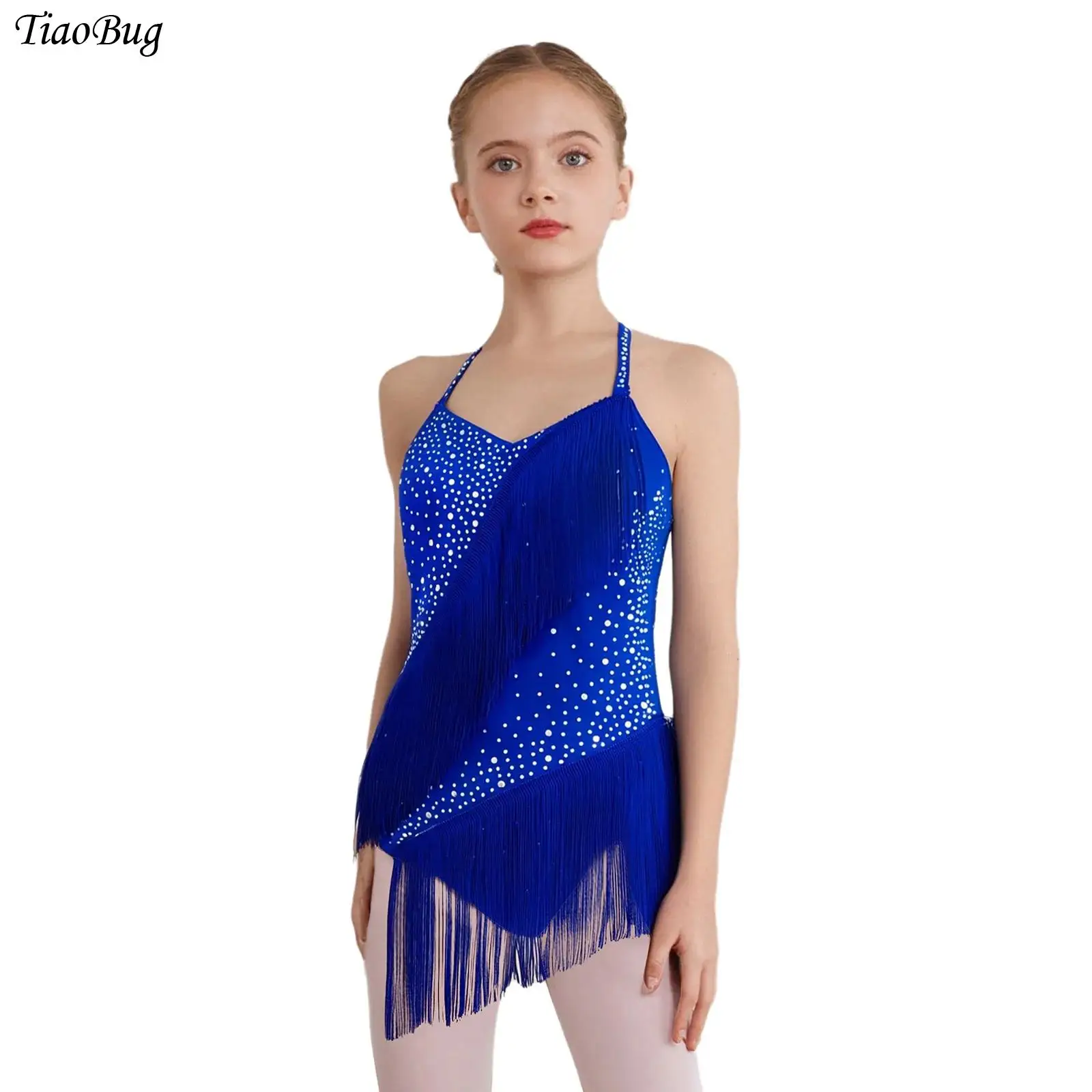 

Kids Girls Tassels Latin Dance Leotard Sleeveless Halter Rhinestones Ballet Gymnastics Figure Skating Cha-Cha Salsa Bodysuits
