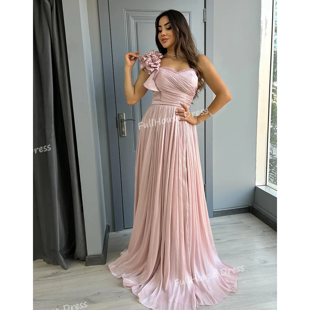 فستان سهرة طويل أنيق مصنوع حسب الطلب بياقة على شكل قلب مطوي على شكل حرف a للحفلات الراقصة مزين بالزهور بدون ظهر وفتحة جانبية مع محكمة سويب