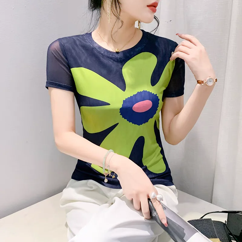 Summer Women Mesh Short Sleeve T-Shirts New Chic Flower Print Tops Shirts Elegant Girl High Stretch Slim Tees Blusas
