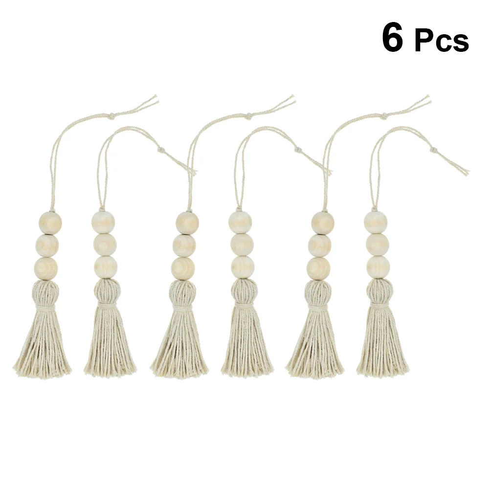 6 Pcs Cotton Thread Wooden Beads Decoration Ornaments Jute Rope Tassels Farmhouse with Curtain Pendant Closet Door Handle