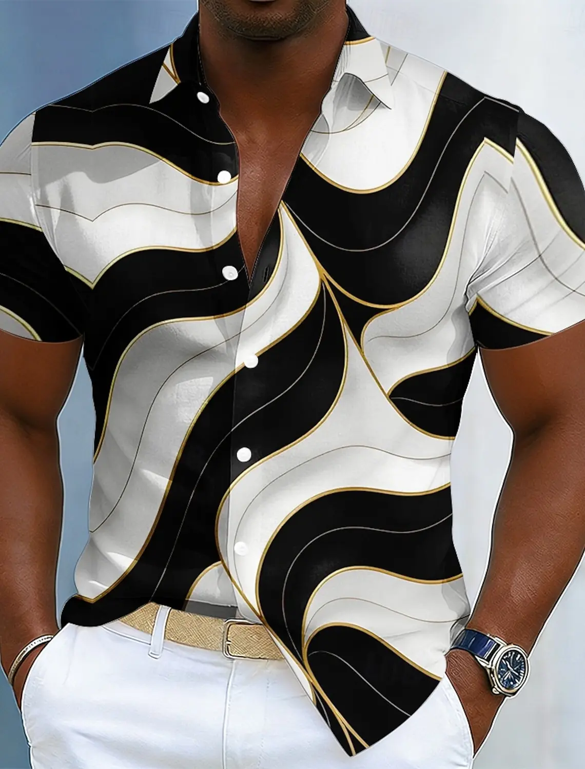 

Men's Turndown Collar Short Sleeve 3D Geometric Wave Abstract Print Button Up Shirt for Spring Summer Daily Beach Vacation