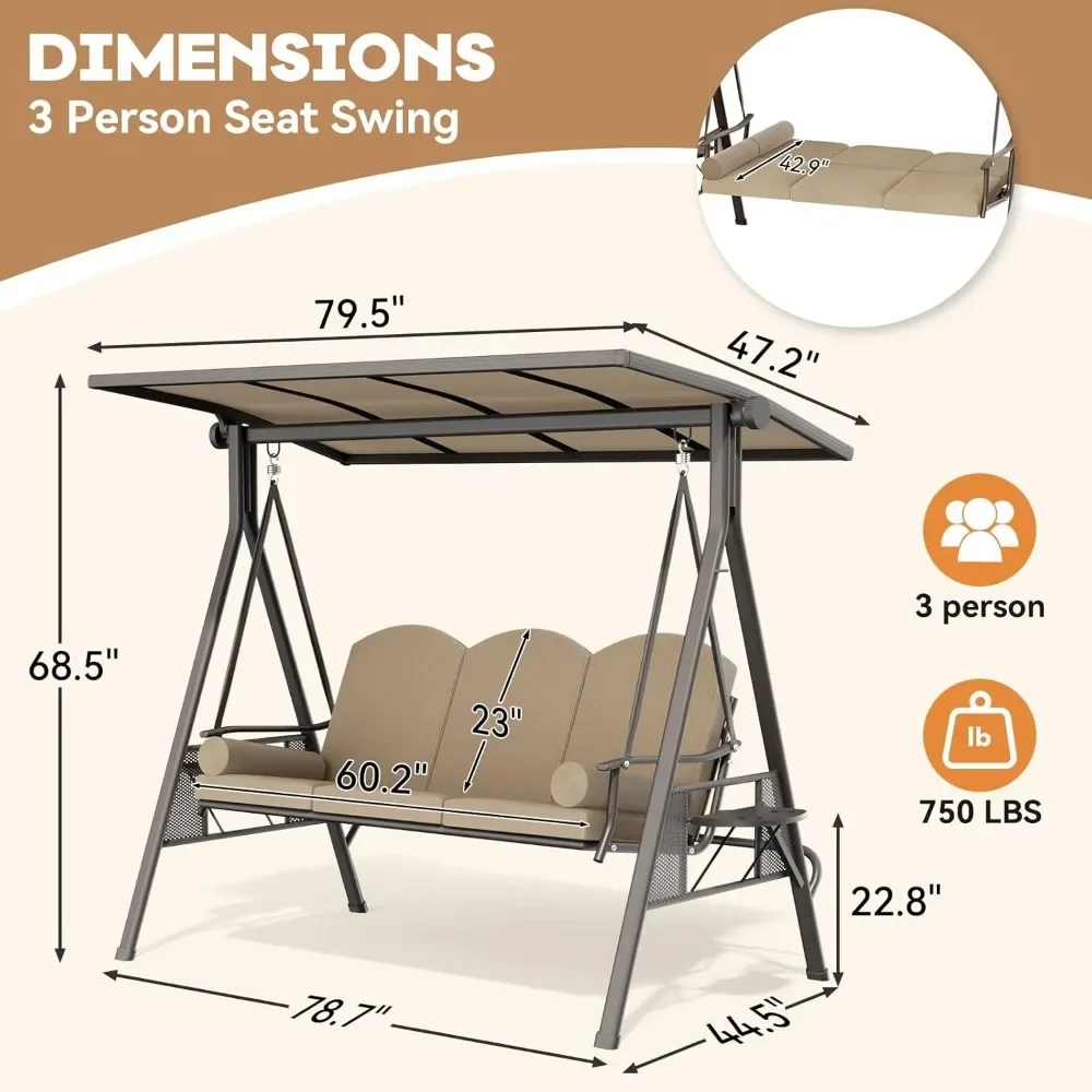 Balançoire de porche extérieure avec dessus rigide en polycarbonate, chaise pivotante 3 places avec 2 porte-gobelets latéraux, lit balançoire à dossier convertible