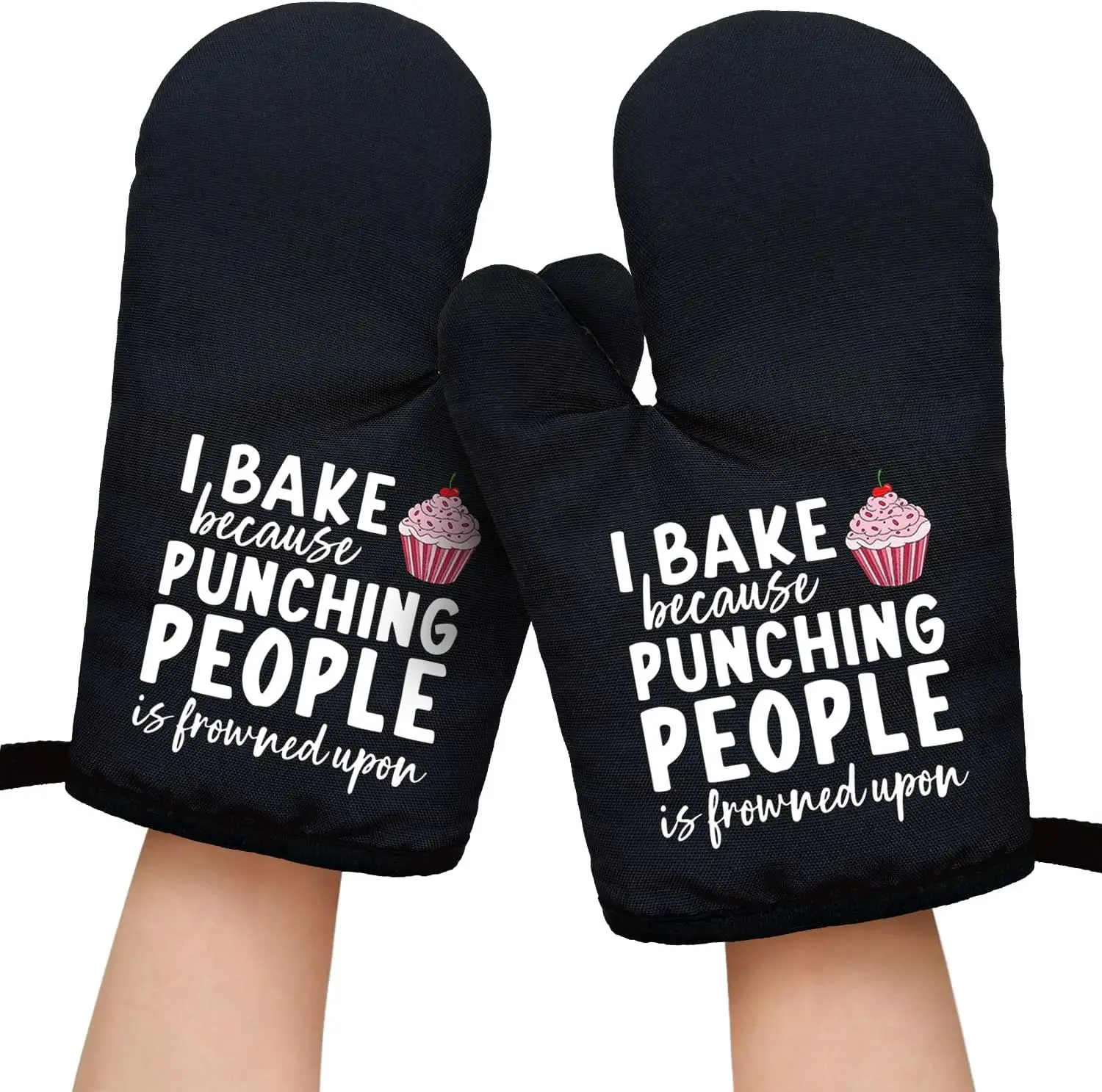 I Bake Because Punching People is Frowned Upon Funny Oven Mitts with Hanging Loop and Non-Slip, Women Men Bakin